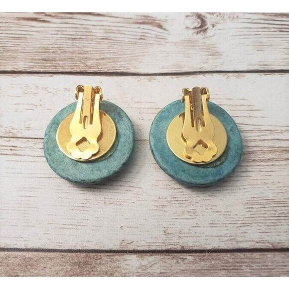 Vintage Clip On Earrings - Retro Turquoise/Teal Tone 1 & 1/8" Large - Picture 3 of 4